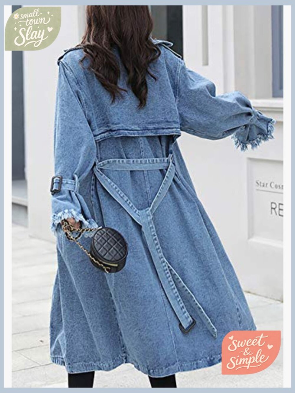 Women's Long Denim Jacket with Belt Oversized Trench Coat Button Down Spring - Picture 5 of 5